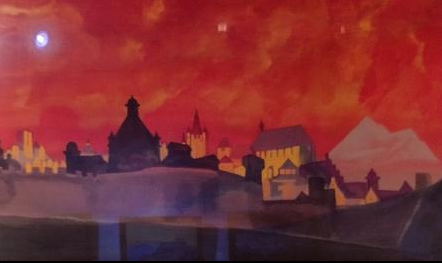 Painting of a city silhouette under a dramatic red sky
