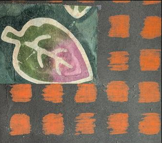 Abstract painting with orange squares and a leaf motif